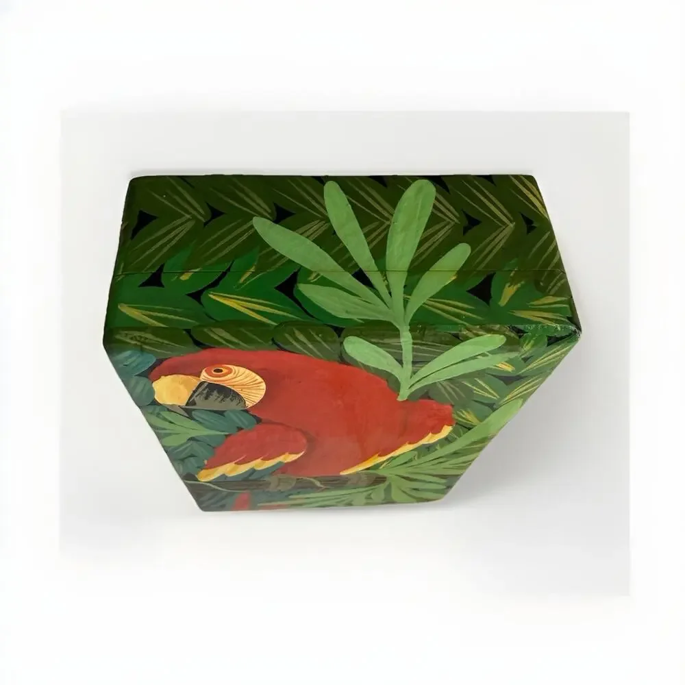 Vintage Hand painted Parrot Tropical Wooden Trinket Box Haiti 7x5X2 Inches